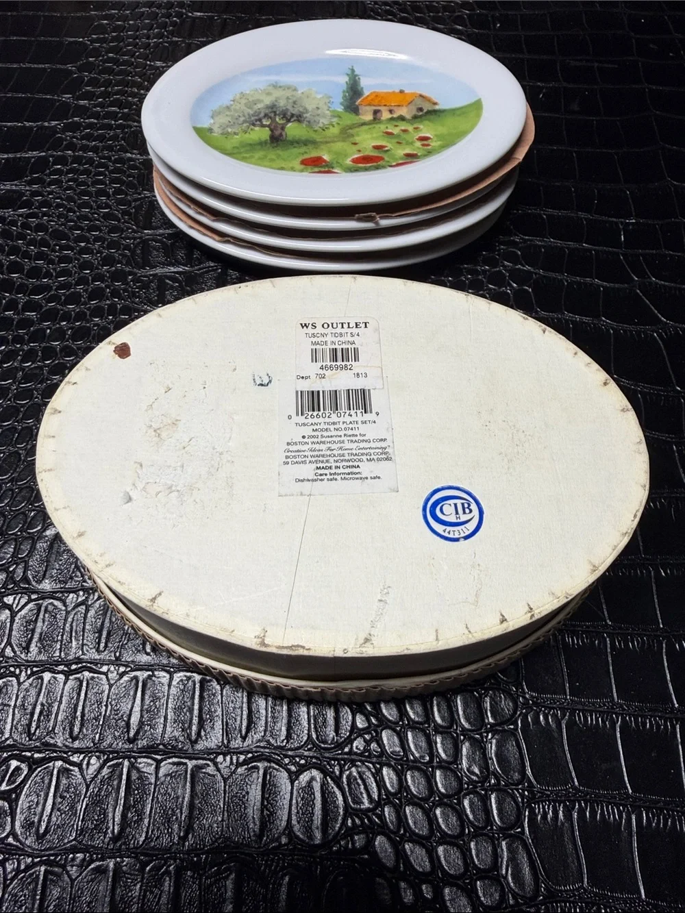 Boston Warehouse White Porcelain Tidbit Plates with Green & Orange Scenic Motif